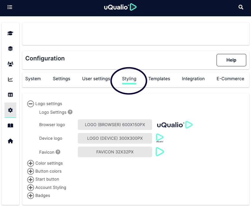 Screenshot of uQualio's styling possibilities as branding, customization, logo, badges and more.