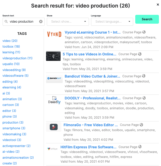 uQualio Search result-of tags and categories for micro videos