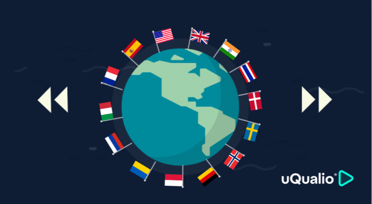 Flags on the world. uQualios video elearning platform support 14 user langages. English (US and GB), Punjabi, Thai, Danish, Swedish, Norwegian, German, Polish, Ukrainian, Russian, Italian, hindi, French, and Spainsh.