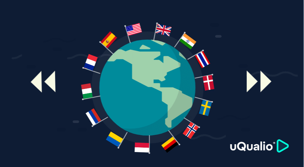 Flags on the world. uQualios video elearning platform support 14 user langages.  English (US and GB), Punjabi, Thai, Danish, Swedish, Norwegian, German, Polish, Ukrainian, Russian, Italian, French, and Spainsh.