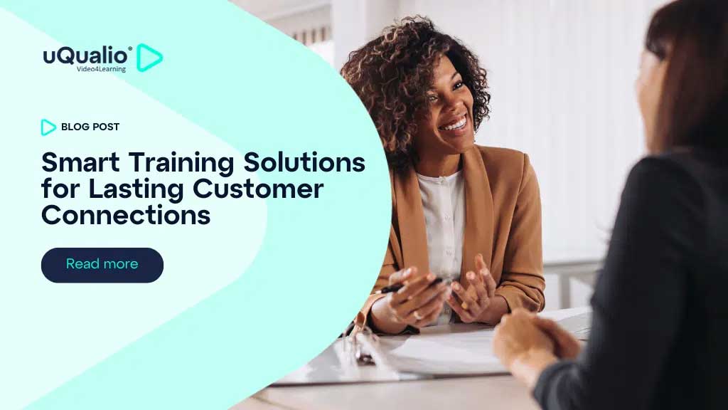Professional woman in tan blazer smiling during customer meeting, with uQualio blog post about training solutions displayed