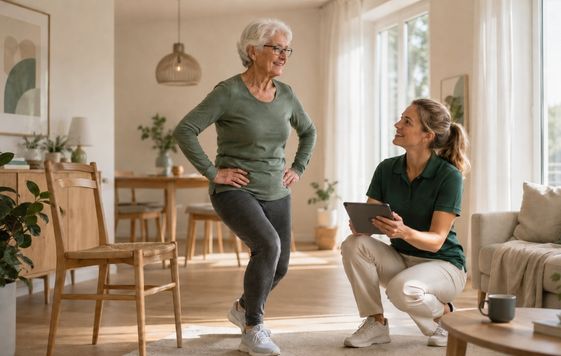 Elderly woman streching in front of carer