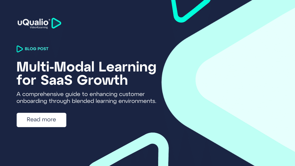 Dark blue banner with turquoise geometric shapes featuring the title 'Multi-Modal Learning for SaaS Growth' in white text, with uQualio's logo and a 'Read more' button